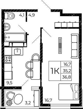 
  Продается 1-комн. квартира, 36.8 м², ЖК Флора, литера 2.1
. Фото 2.