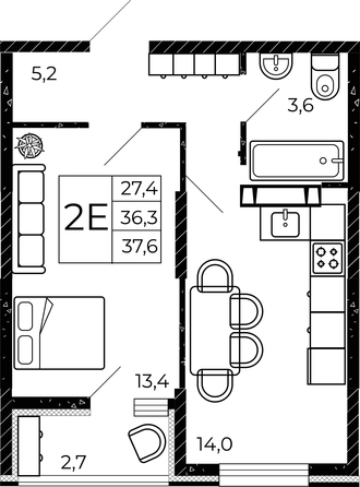 
  Продается 1-комн. квартира, 37.6 м², ЖК Флора, литера 2.1
. Фото 2.