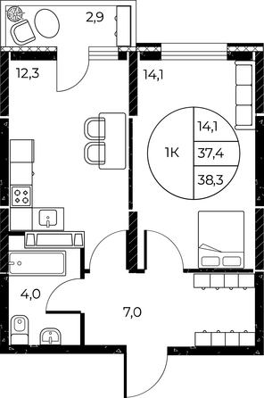 
   Продам 1-комнатную, 38.3 м², Панорама на Театральном, литера 1

. Фото 2.