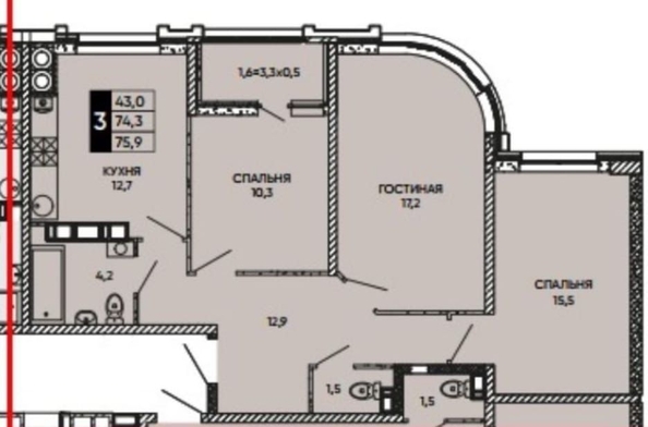 
  Продается 3-комн. квартира, 74.7 м², Бориса Слюсаря ул, д. 15
. Фото 1.