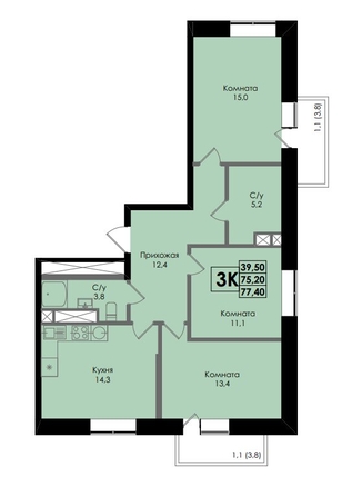 
  Продается 3-комн. квартира, 77.4 м², ЖК Botanika (Ботаника), дом 1
. Фото 1.