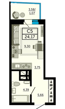 
  Продается студия, 24.17 м², Кировский пр-кт, д. 128
. Фото 2.