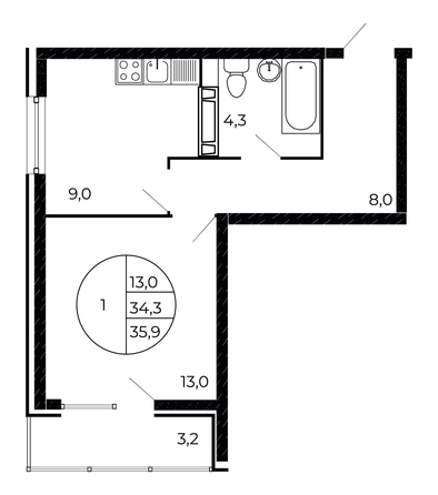 
  Продается 1-комн. квартира, 35.3 м², ЖК Флора, литера 1.2
. Фото 1.