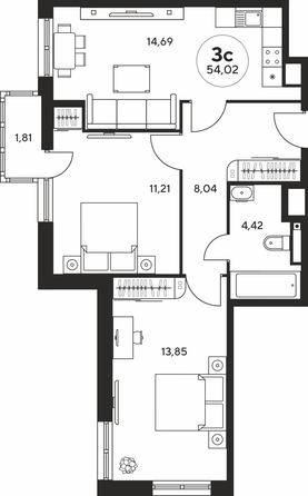 
  Продается 3-комн. квартира, 53.85 м², ЖК Гринсайд, 5.1-5.5
. Фото 1.