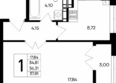 Сезоны: Планировка 1-комн 37,81, 38,18 м²