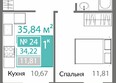 Горизонты 2 : Планировка 1-комн 34,22, 34,74 м²