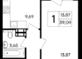 Республика: Планировка 1-комн 39,09, 39,62 м²