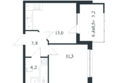 Новая Елизаветка, литер 4: Планировка 1-комн 35,5 м²