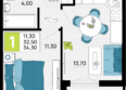 Традиции, Литер 1: Планировка 1-комн 34,3 м²