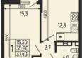 Звезды, литер 9: Планировка 1-комн 36,6 - 40,9 м²