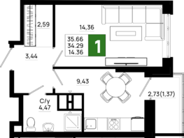 Продается 1-комнатная квартира ЖК Октябрь Парк, 5.2, 35.66 м², 4849760 рублей