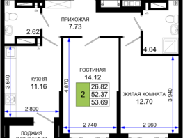 Продается 2-комнатная квартира ЖК Октябрь Парк, 2.1, 53.69  м², 6442800 рублей