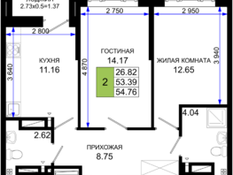 Продается 2-комнатная квартира ЖК Октябрь Парк, 2.1, 54.76  м², 6845000 рублей