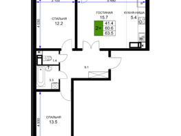 Продается 2-комнатная квартира ЖК Ракурс , литер 8, 63.5  м², 8255000 рублей