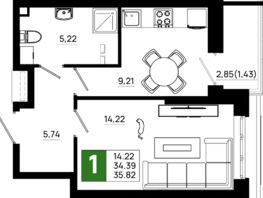 Продается 1-комнатная квартира ЖК Октябрь Парк, 5.1, 35.82 м², 4871520 рублей