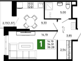 Продается 1-комнатная квартира ЖК Октябрь Парк, 4.1, 36.28  м², 4934080 рублей