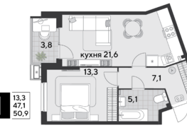 Продается 1-комнатная квартира ЖК Парк Победы 2, литера 19, 50.9 м², 7945490 рублей