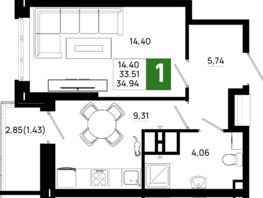 Продается 1-комнатная квартира ЖК Октябрь Парк, 5.2, 34.94  м², 4751840 рублей