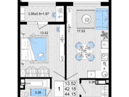 Продается 1-комнатная квартира ЖК Резиденция морей, корпус В, 44.15  м², 10695338 рублей