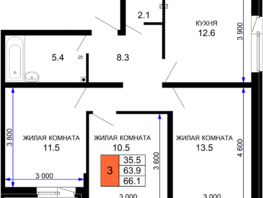 Продается 3-комнатная квартира ЖК Дыхание, литер 28, 66.1  м², 8394700 рублей