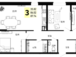 Продается 3-комнатная квартира ЖК Усадьба Гостагаевская, корпус 4, 87.74  м², 18425400 рублей