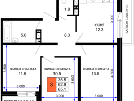 Продается 3-комнатная квартира ЖК Дыхание, литер 28, 65.1  м², 8267700 рублей