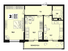 Продается 2-комнатная квартира генерала Корнилова ул, 55.9  м&sup2;, 8018700 рублей