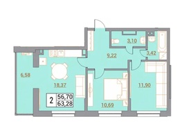 Продается 2-комнатная квартира ЖК Зеленый город, 63.28  м²