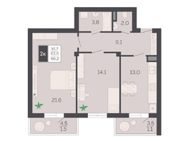 Продается 2-комнатная квартира ЖК Курортный, этап 1, корпус 1, 66.8  м²