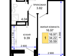 Продается 1-комнатная квартира ЖК Октябрь Парк, 1.2, 35.59  м², 4982600 рублей