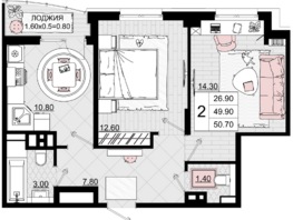 Продается 2-комнатная квартира ЖК Песчаный, литер 1, 50.7  м², 12218700 рублей