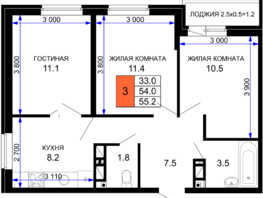 Продается 3-комнатная квартира ЖК Дыхание, литер 30, 55.2  м², 7010400 рублей