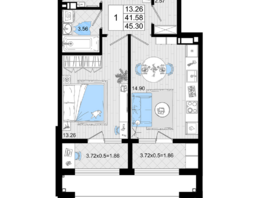 Продается 1-комнатная квартира ЖК Резиденция морей, корпус В, 45.3  м², 10973925 рублей