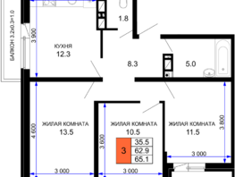 Продается 3-комнатная квартира ЖК Дыхание, литер 26, 65.1  м², 8137500 рублей