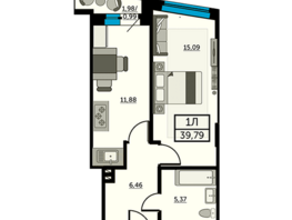 Продается 1-комнатная квартира ЖК Рубин, литер 2, 39.4  м², 7683000 рублей