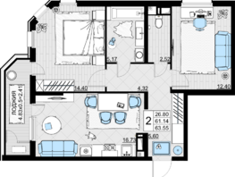 Продается 2-комнатная квартира ЖК Фонтаны, литер 19, 63.55  м², 11439000 рублей