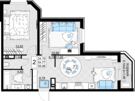 Продается 2-комнатная квартира ЖК Фонтаны, литер 19, 55.86  м², 10334100 рублей