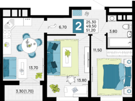 Продается 2-комнатная квартира ЖК Традиции, Литер 1, 51.2 м², 7168000 рублей