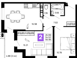 Продается 2-комнатная квартира ЖК Долина, Литер 3, 56.96 м², 6835200 рублей