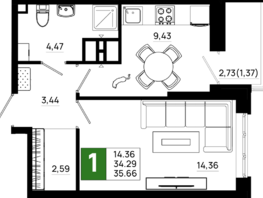 Продается 1-комнатная квартира ЖК Октябрь Парк, 6.2, 35.66 м², 4921080 рублей