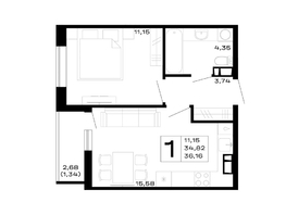 Продается 1-комнатная квартира ЖК Горные высоты, литер 5.1, 36.16  м², 4664640 рублей