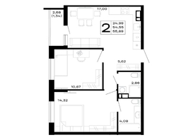 Продается 2-комнатная квартира ЖК Горные высоты, литер 5.1, 55.89  м², 6539130 рублей