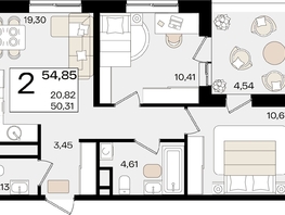 Продается 2-комнатная квартира ЖК Патрики, литер 1.3, 54.85  м², 16608580 рублей