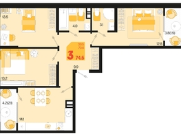 Продается 3-комнатная квартира ЖК Первое место, квартал 1.3, литер 1, 74.6  м², 11719660 рублей