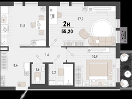 Продается 2-комнатная квартира ЖК Барса, 2В литер, 55.2  м², 15674868 рублей