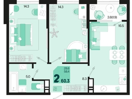 Продается 2-комнатная квартира ЖК Первое место, квартал 1.1, литер 2, 60.3  м², 8562600 рублей