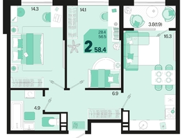 Продается 2-комнатная квартира ЖК Первое место, квартал 1.3, литер 2, 58.4  м², 9052000 рублей