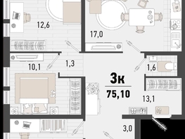 Продается 3-комнатная квартира ЖК Барса, 1В литер, 75.1  м², 20032549 рублей