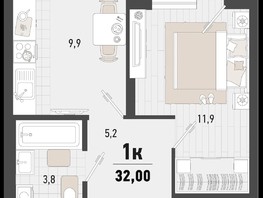 Продается 1-комнатная квартира ЖК Барса, 4В литер, 32  м², 9421280 рублей