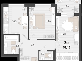 Продается 2-комнатная квартира ЖК Барса, 4В литер, 51.1  м², 14537950 рублей